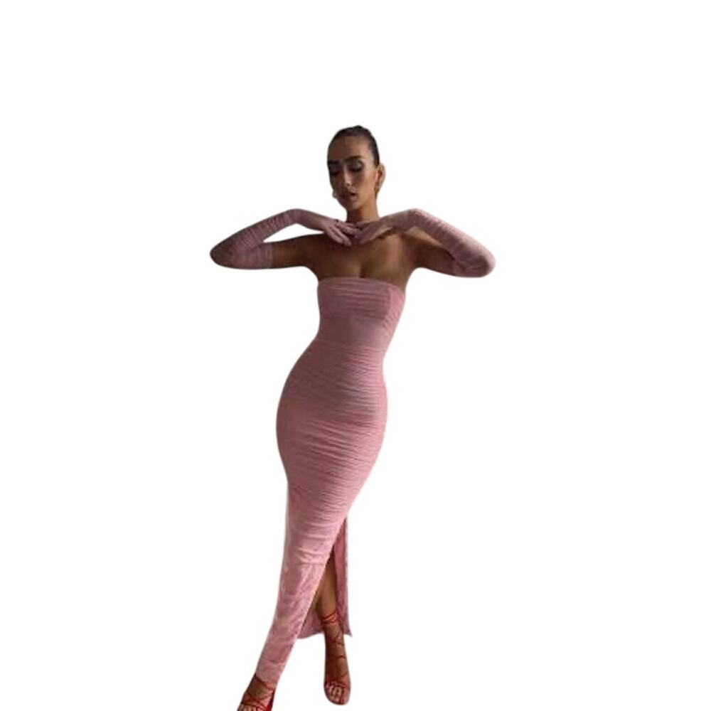 HOUSE OF CB Sofia Fairy Pink Ruched Maxi Dress Cowl Neck Strapless L+ SB8191